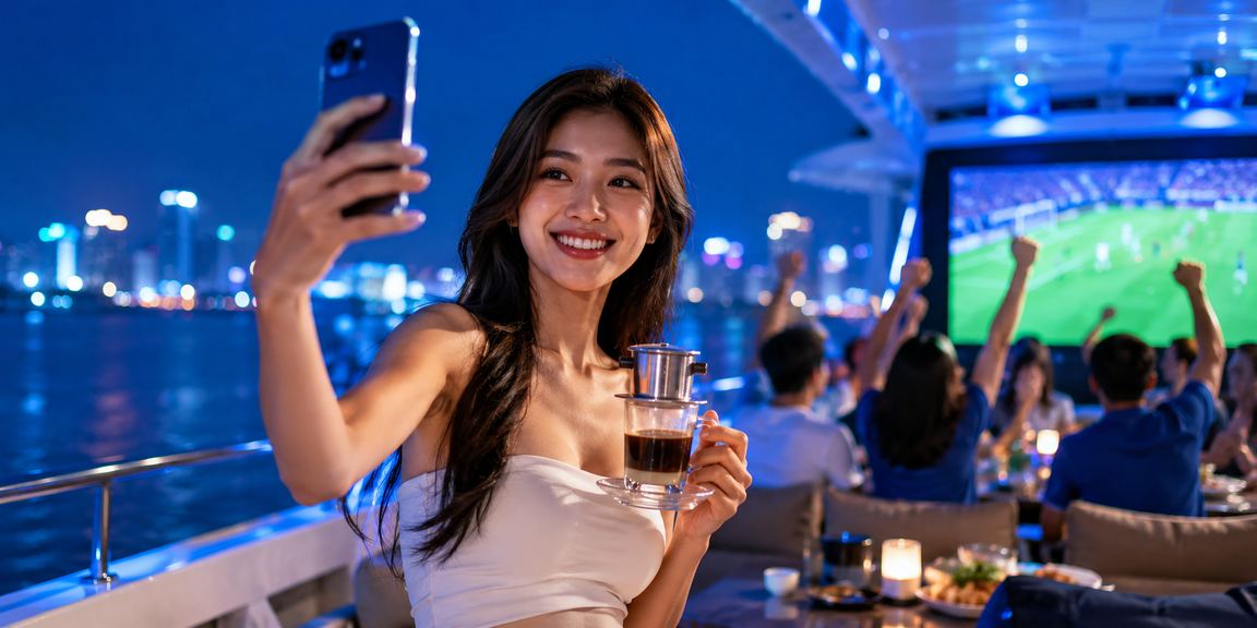 Người dùng xem giải thưởng trên điện thoại trong quán cà phê Đà Lạt